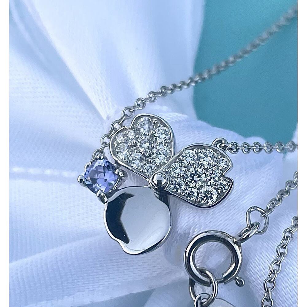 Tiffany & Co. Diamond Paper Flower Blue Tanzanite Pendant Necklace Platinum 16”